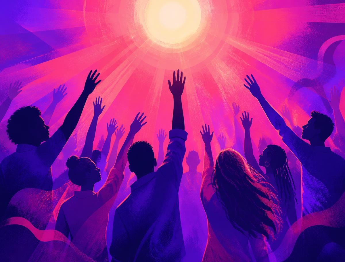 Abstract warm illustration of a person reaching out toward light, symbolizing hope and connection